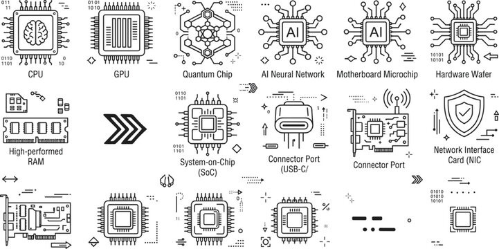 Artificial Intelligence Hardware Component Icon Set with CPU GPU Quantum Microchip Vector Illustrations