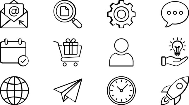 Set of simple hand-drawn icons: email, search, gear, chat, calendar, shopping, user, idea, globe, paper plane, clock, rocket.