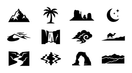Fototapeta premium Desert Landscape Icons, Natural Scenery Silhouettes, Arid Environment Graphics, Travel & Adventure Vector Elements