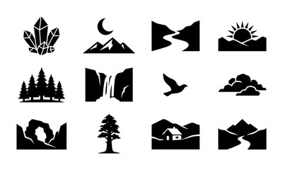 Fototapeta premium Nature Landscape Icons Set, Mountain River Waterfall Forest Icons, Crystal Moon Sun Bird Icons, Vector Graphics for Outdoor Adventure and Eco Themes