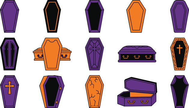 Colorful vector coffins and sarcophagi collection isolated on transparent background, isolated on white background, Vector