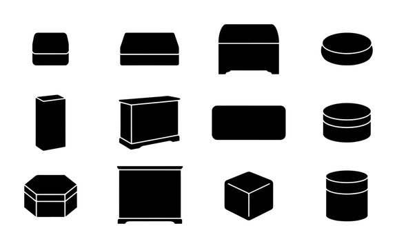 Vector Icons Set: 12 Minimalist Black Silhouettes of Boxes, Containers, and Packaging for Storage and Shipping Concepts
