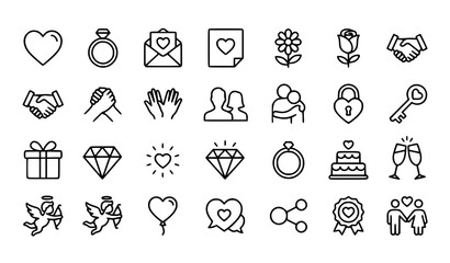 Fototapeta premium Minimal Love and Friendship Outline Icons with Wedding Romance and Relationship Vector Pack
