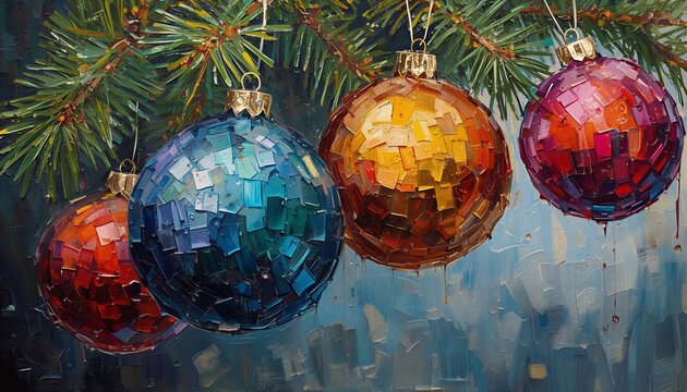 Artistic Christmas decoration ball painting with festive pine tree branches and holiday ornaments.