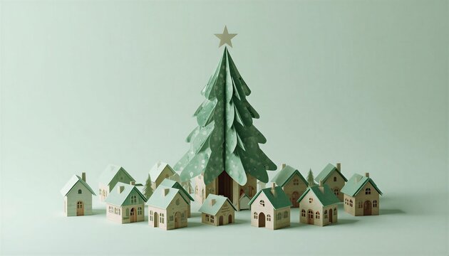 Miniature Christmas village with festive tree and shining star.