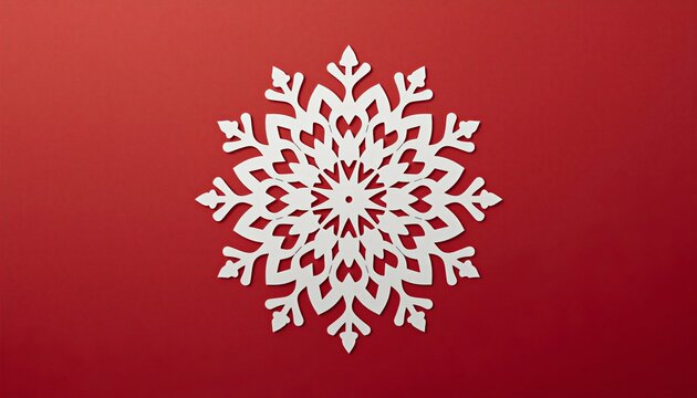 White paper cutout snowflakes on festive red background.