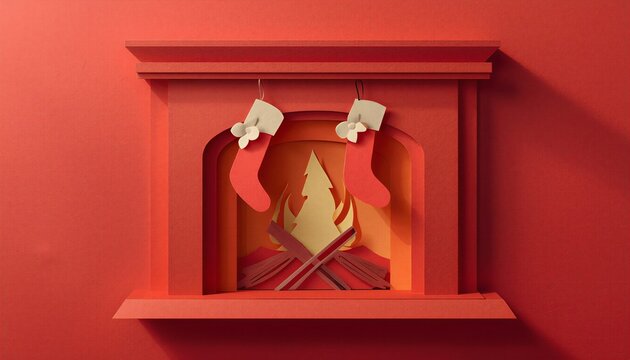 Christmas paper cutout fireplace with stockings on red background.