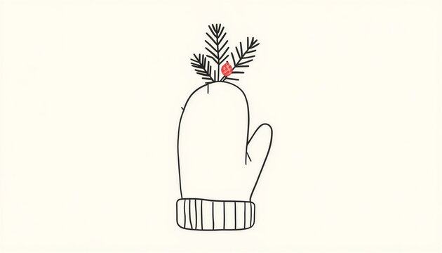 Minimalist line art illustration of cozy winter gloves with pine branches on white background.