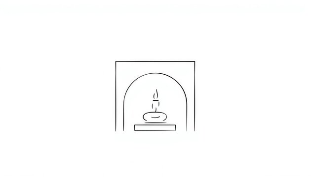 Minimalist line art illustration of a cozy fire burning in a fireplace heater on white background.