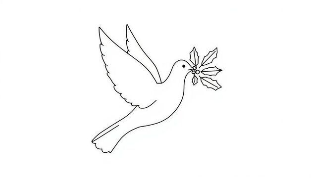 Minimalist line art illustration of flying birds carrying Christmas holly berries on white background.