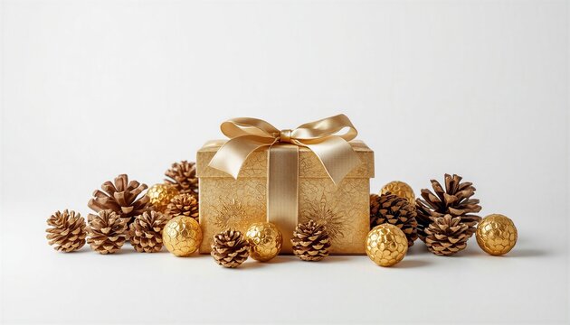 Elegant golden present box with pine needles and copy space isolated on white backdrop.