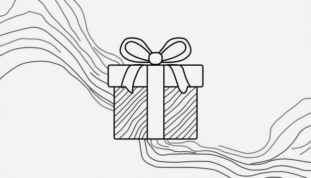 Minimalist line art illustration of Christmas gift box with ribbon on white background.