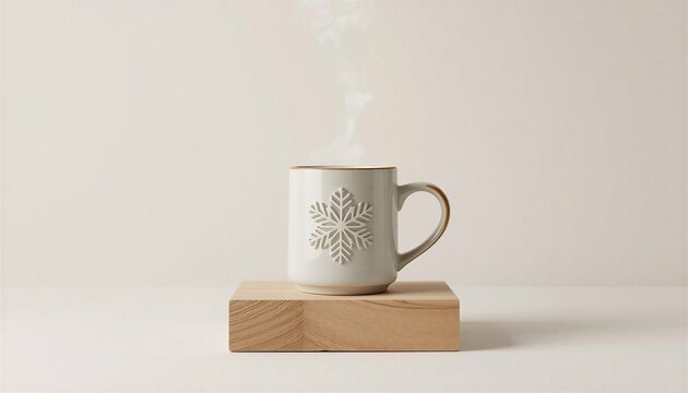 Cozy hot drink cup on rustic wooden tray isolated on white background