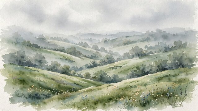 Watercolor painting of rolling green hills and misty mountains under a cloudy sky, peaceful nature landscape illustration