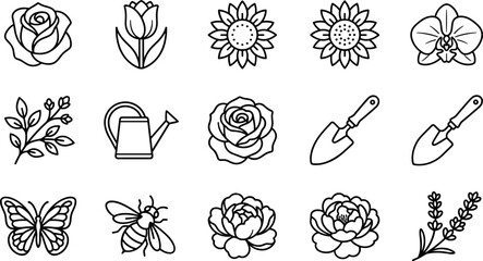 Obraz premium Outline Botanical Icons: Flowers, Plants, Garden Tools, Insects, Butterfly, Watering Can