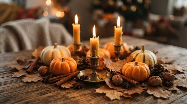 Cozy Autumn Centerpiece with Pumpkins Candles and Cinnamon Sticks