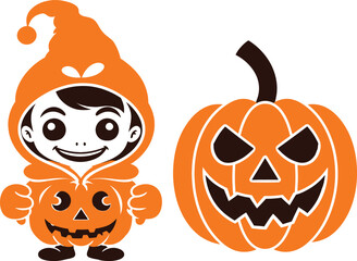 Obraz premium Cute Child Wearing Orange Halloween Pumpkin Costume Mascot alongside Spooky Jack-o-Lantern Vector Illustration for Festive Autumn Holiday Invitations, Party Decor, and Cards.