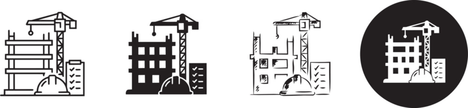 Construction site icons set with building crane, hard hat and checklist individual icon set, individual icon