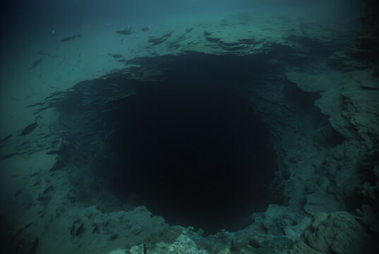 Generated fictional underwater scene with seabed and a large abyss pit.