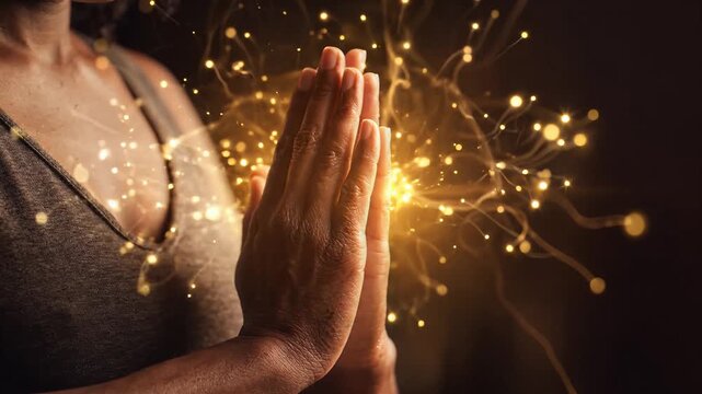 Spiritual Guru Purnima Prayer Hands with Glowing Golden Bokeh