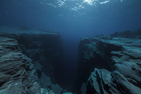 Generated fictional underwater scene with seabed and a large abyss pit.