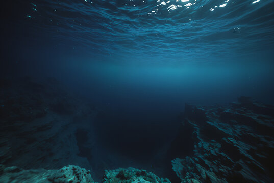 Generated fictional underwater scene with seabed and a large abyss pit.