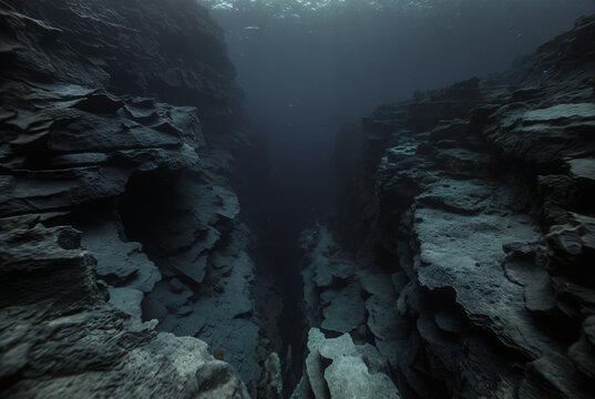 Generated fictional underwater scene with seabed and a large abyss pit.