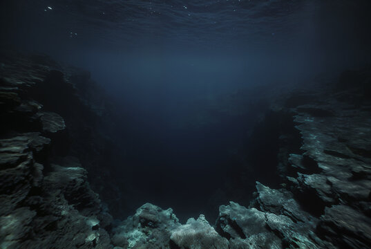 Generated fictional underwater scene with seabed and a large abyss pit.