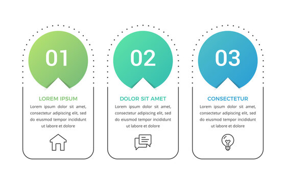 Infographic flow chart template, featuring three vertical options or steps with colorful circle badges and text placeholders
