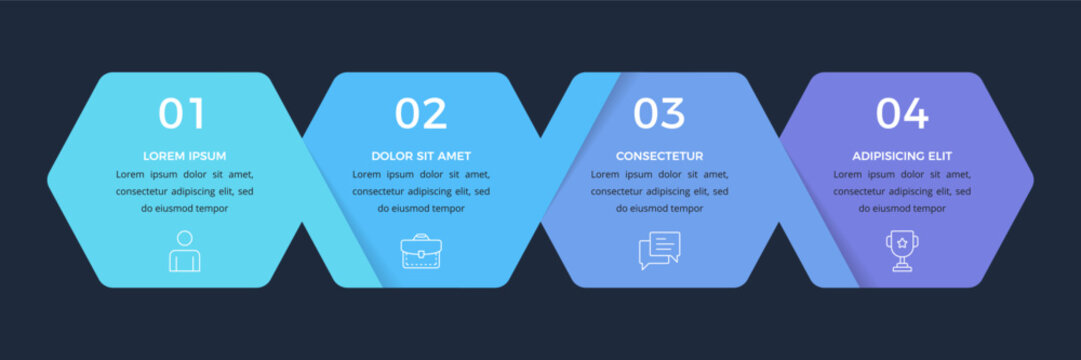 Infographic template featuring a horizontal layout with four hexagonal elements, dark background