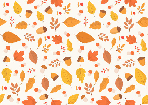 Seamless pattern with cozy autumn elements including colorful fall leaves, acorns, small mushrooms, and red berries. Flat seasonal background design suitable for autumn textiles, wrapping paper, wallp