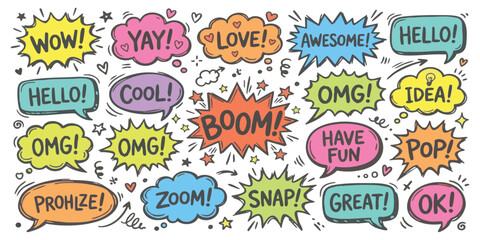 Colorful hand drawn comic speech bubbles set with funny text expressions and loud exclamations for design © ZenVectors