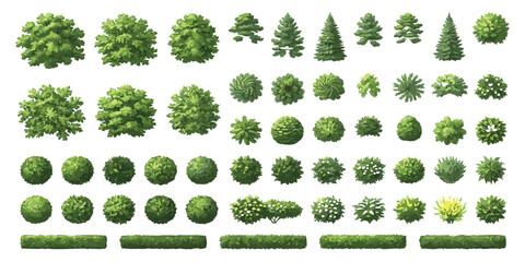 Obraz premium Top down view set of various green trees shrubs and bushes for architectural landscape garden design plans