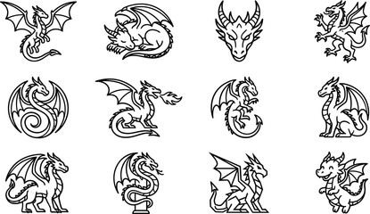 Obraz premium Collection of Dragon Icons: Mythical Creatures and Fantasy Beasts