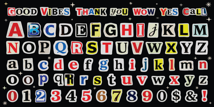 Alphabet and numbers set made from colorful magazine cutout letters in a ransom note style on black background