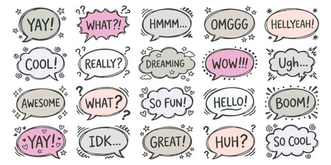 Set of hand drawn speech bubbles with funny expressions and text for comic design and social media chat boxes © ZenVectors