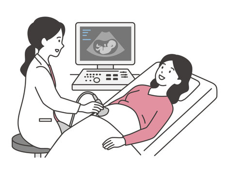 産婦人科で腹部超音波（エコー）検査を受ける妊婦と女医のイラスト素材　妊婦健診・胎児エコー・医療