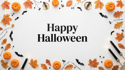 Fototapeta premium Happy Halloween Centered Text with Autumn Leaves and Pumpkins