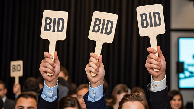 Business professionals raising bid paddles during live auction event