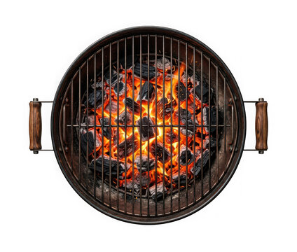Top view of a round charcoal grill with glowing hot coals and flames isolated on transparent background