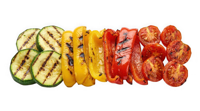Grilled vegetables including zucchini, yellow bell pepper, red bell pepper, and tomatoes isolated on transparent background