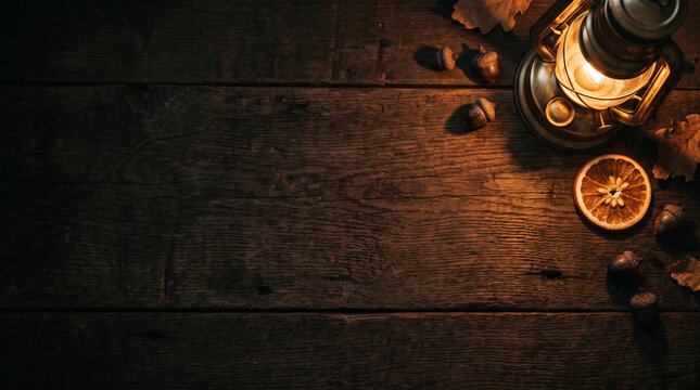 Halloween lantern on dark rustic wood. Spooky autumn background with warm glowing light.