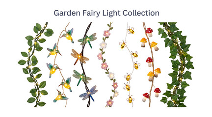Obraz premium Garden fairy light collection featuring leaf garland string lights, insect bulb strands, and flower garden lamps isolated on transparent background