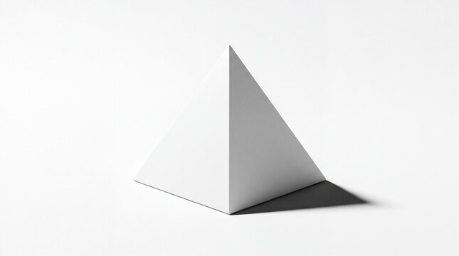 Minimalist white pyramid on white background, geometric 3D shape with soft shadow, clean architectural abstract paper model for business hierarchy