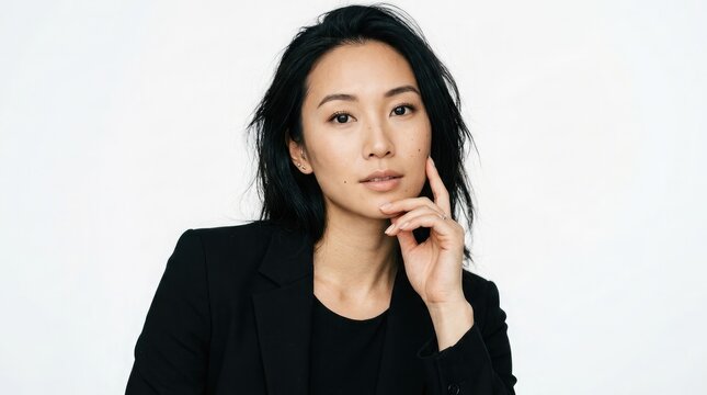 A professional portrait of an elegant asian woman wearing a black blazer looking at the camera with a thoughtful expression