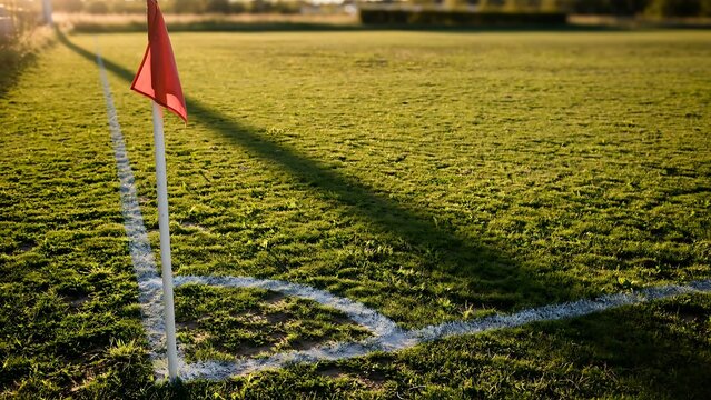 Red corner flag on a grass soccer field with white markings during golden hour sunset