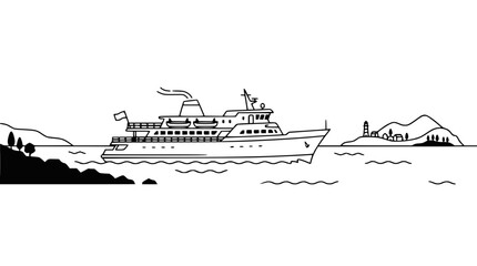 Fototapeta premium Line art illustration of a passenger ferry ship sailing on the ocean near coastal islands