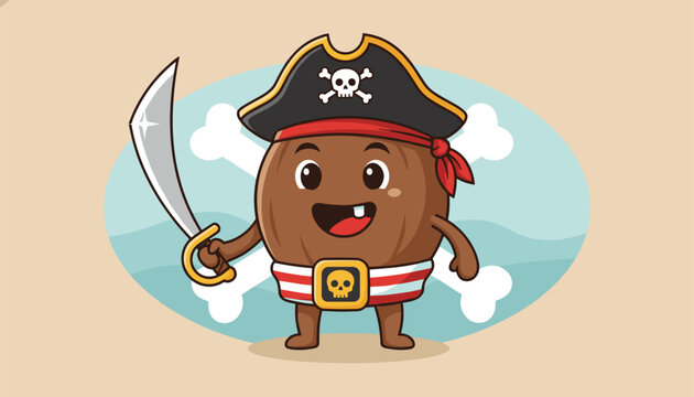 Cute cartoon coconut character dressed as a pirate holding a sharp silver sword on a sandy background.