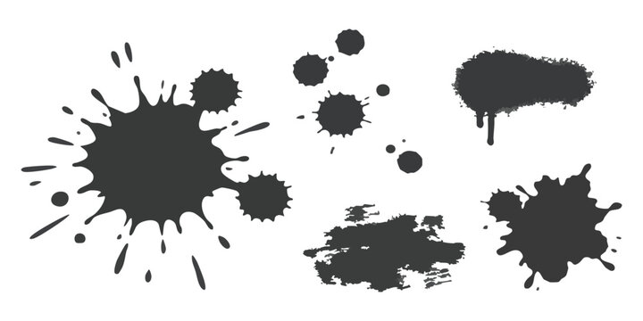 Set of black ink splashes and paint splatter shapes for creative artistic design projects and urban patterns