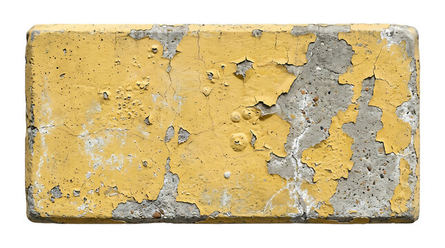 Old rectangular brick with yellow peeling paint and rough weathered texture